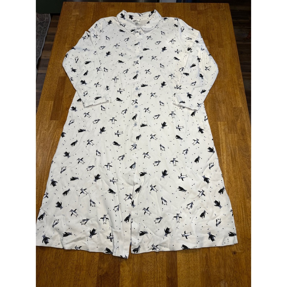 Vermont Country Store Women 1X White Penguin Print Cotton Button Front Nightgown